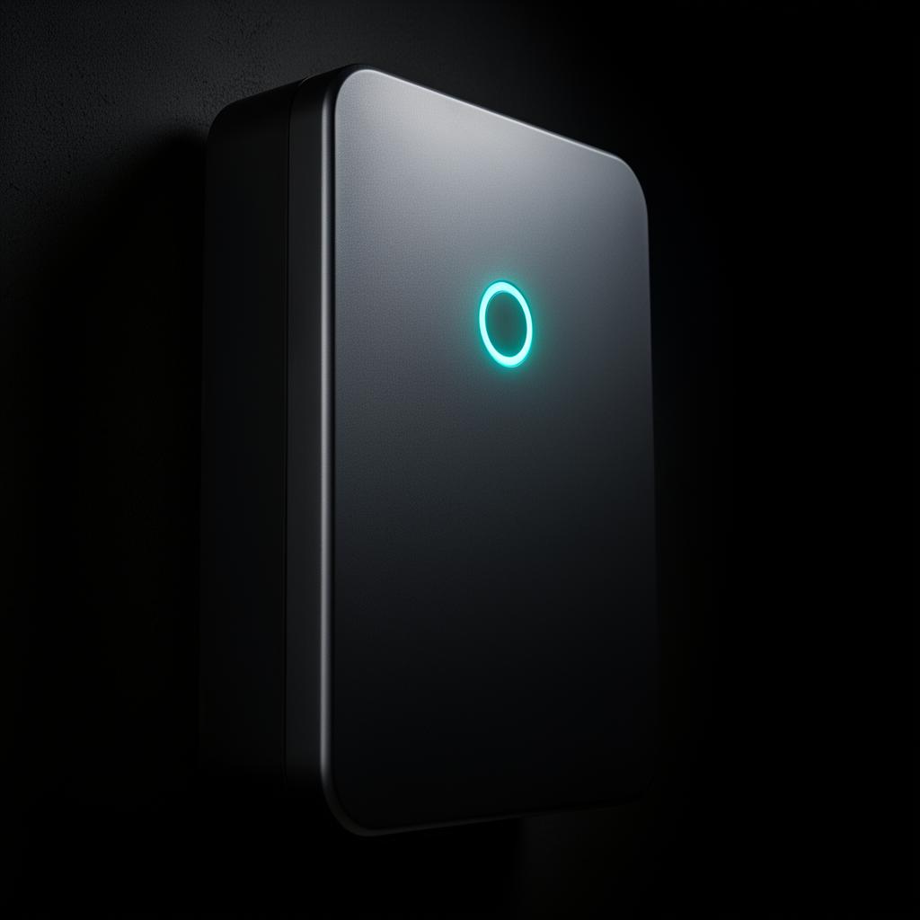 Wall-mounted home battery with cyan indicator